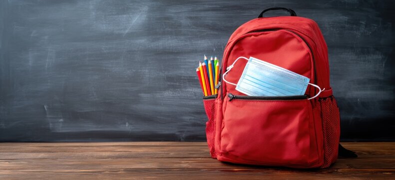 Red backpack with a mask & pencils sits on a desk with a dark blackboard background. Back to school safety concept image