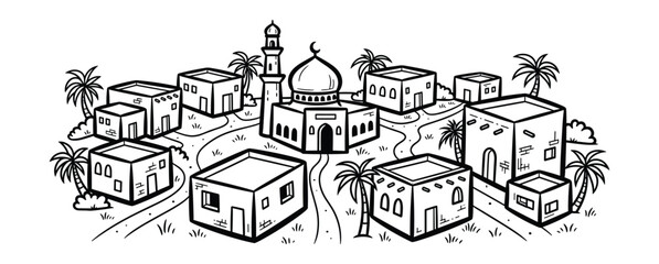 Fototapeta premium Middle Eastern Town with Mosque Dome and Cube Shaped Houses Vector Illustration