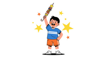 Child Ecstatically Displaying a Delicious Skewer of Grilled Food with Festive Star Embellishments