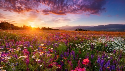 Obraz premium A Field Of Wildflowers Under A Stunning Sunset The Vibrant Colors Of The Flowers Blending With The Evening Sky