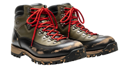 Two distressed hiking boots in olive green and black leather, featuring red laces and rugged soles, are presented against a dark background.