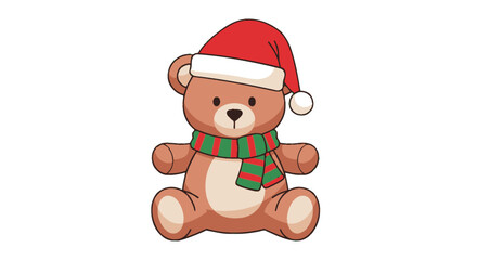 Cartoon Teddy Bear Wearing a Santa Hat and Striped Scarf for Christmas.