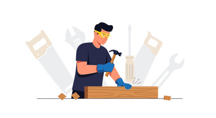 Fototapeta premium Craftsman Focused on Woodworking with Relevant Tools and a Clean Vector Aesthetic