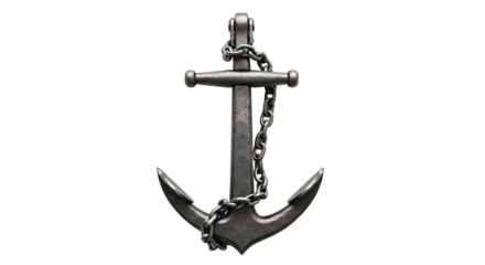 A detailed, dark image of a metallic anchor and chain against a black background.