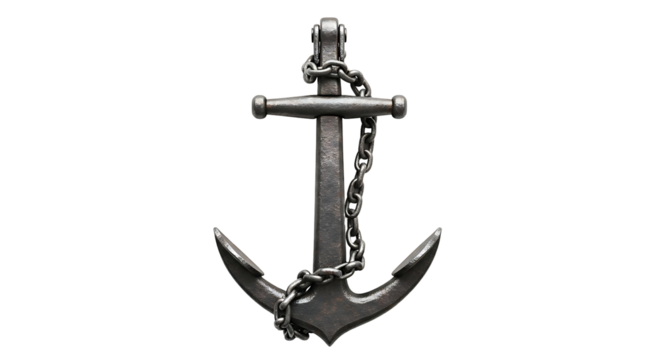 A detailed, dark image of a metallic anchor and chain against a black background.