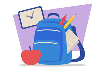 Backpack filled with pencils and papers next to apple and clock against pastel background. Preparation for school activities concept