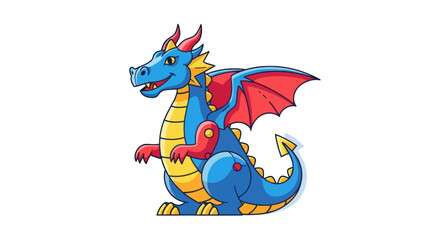 A friendly blue cartoon dragon with vibrant red wings and a yellow underbelly sitting and smiling.