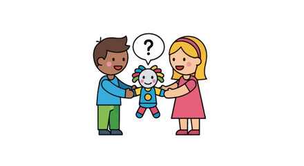 Cartoon Boy and Girl with Doll and Question Mark.