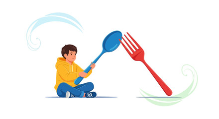 Creative Child Interacting With Tableware, Illustrating Healthy Eating Habits Beautifully
