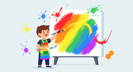Creative Child Painting Rainbow Colors with Brush and Palette on Canvas Board