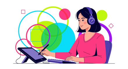 Creative Designer Working at Her Desk Using a Digital Tablet with Headphones On
