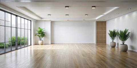 Fototapeta premium Spacious contemporary room interior design with hardwood floors, large windows, potted plants, and minimalist decor