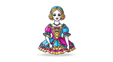 Cartoon Doll in Colorful Rococo Dress with Blonde Hair and Blue Headband.