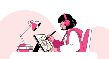 Creative Digital Artist Working From Home, Focused On Illustration And Graphic Design Project
