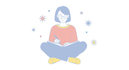 Creative Girl Writing In Notebook Surrounded By Sparkles Illustration Background