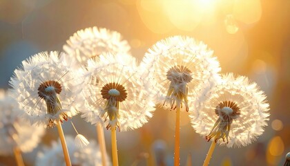 Dandelions Seed Heads Glowing in Warm Golden Sunlight and Soft Focus Background