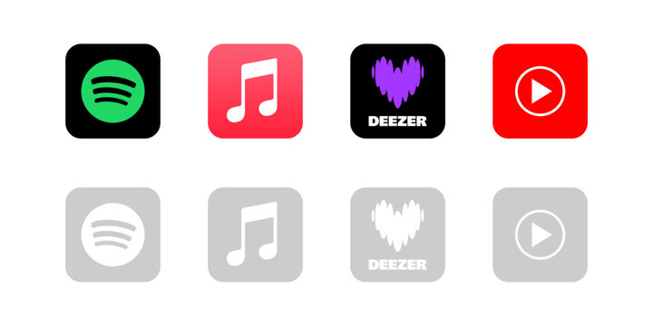 Spotify, Apple Music, YouTube Music, Deezer icon or Spotify, Apple Music, YouTube Music, Deezer logo isolated on transparent background