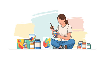 Creative Illustration Of Woman Painting With Brush And Vibrant Paint Cans For Artistic Designs