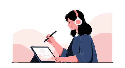 Creative Illustration Of Animated Person, Using Tablet And Headphone For Digital Artwork