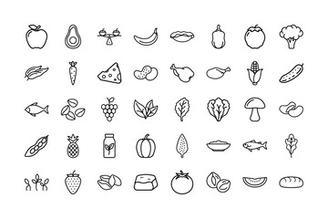 Nutrition and Healthy Food Line Art Icon Collection | Minimalist Vector Illustrations Featuring Fruits, Vegetables, Grains, Protein, and Wellness Symbols for Clean Modern Lifestyle and Diet Designs