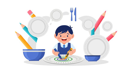 Creative Kid Using Colored Pencils and Paper Plates to Design Artwork and Express Imagination