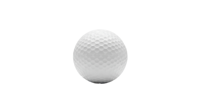 A single, white golf ball sits against a pure black background, showcasing its dimpled surface.