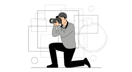 Creative Photographer Capturing Moment on Knees with Camera and Geometric Background