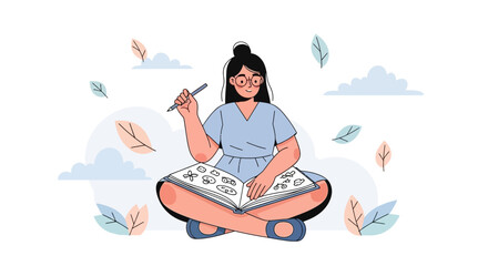 Creative Process: Artist Sketching Designs in Notebook, Surrounded by Nature Elements