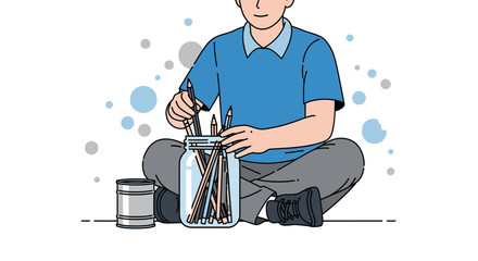 Creative Process: A Young Artist Choosing Pencils From A Jar Vector Illustration