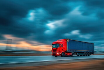 Red truck speeds on asphalt road beneath stormy sky, blurring background, conveying urgent transportation, dynamic motion, and logistics
