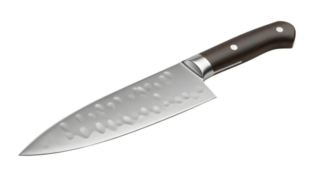 Chef's knife with hammered blade for culinary use isolated PNG with Transparent Background