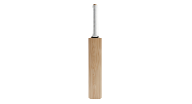 A light brown cricket bat with a white grip stands out against a plain black background.
