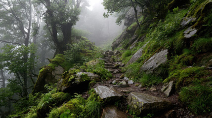 Obraz premium Misty forest path adventure mountain trail nature photography serene environment low angle tranquility and exploration