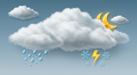 Realistic Clouds Vector Collection with Weather Symbols Including Rain and Snow Isolated for Cloudy Sky, Meteorology, Weather Elements, Nature Illustration, and Forecast Design