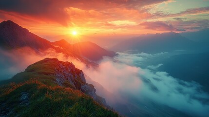 Vibrant sunrise over misty mountain landscape with colorful sky, rugged peaks, lush green foreground, and dramatic clouds creating a breathtaking scenic view of nature