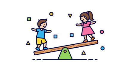 Happy Children Playing on a Seesaw.