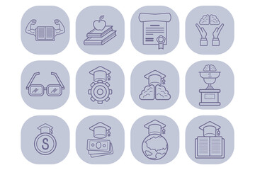 Collection of various icons representing education, achievement, and academic success. Symbols of books, diplomas, and graduation to inspire learning