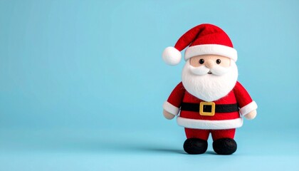 Obraz premium Cute handmade felt Santa Claus doll standing against a pastel blue background, soft wool texture, festive Christmas decoration in minimal and cheerful style
