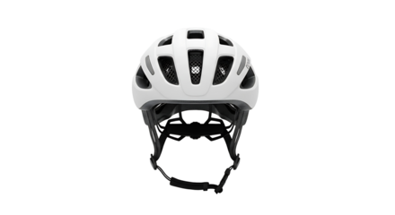 A clean, modern, white bicycle helmet with dark gray details is presented against a black backdrop.