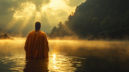 Serene scene of a person standing in a misty river at sunrise, surrounded by lush trees and illuminated by golden sunlight rays, creating a peaceful and reflective atmosphere