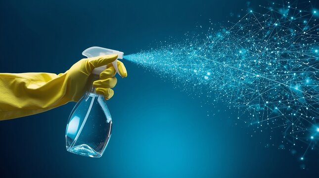 Hand in yellow glove spraying disinfectant bottle with glowing digital particles, conceptual futuristic illustration of cleaning, hygiene, technology, antivirus protection and data security