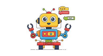 Cheerful Cartoon Robot with Colorful Body and Antennae.