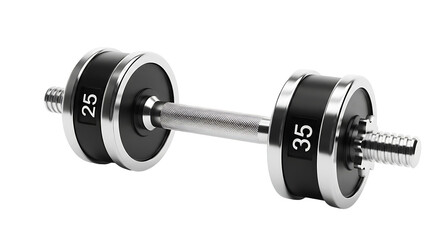 Naklejka premium A shot displays a chrome-plated dumbbell with black weight plates, highlighting the weight markers 25 and 35.