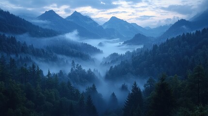 Majestic Blue Mountain Range covered in lush green pine trees with misty fog rolling through deep valleys during twilight, creating a serene and tranquil natural landscape scene