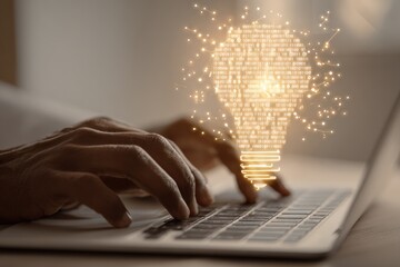 A glowing bulb-shaped pattern overlays a laptop as hands type. Soft focus. Light streams from bulb. Desk and screen are blurred