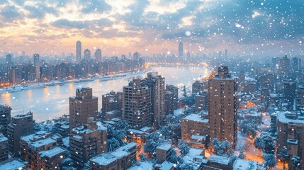 City skyline during snowfall featuring high-rise buildings, a river with ice, snow-covered trees, and a vibrant urban landscape at dusk with glowing city lights and dramatic cloud formations