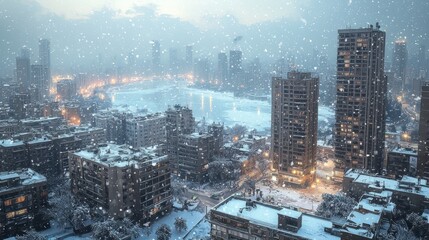 Urban cityscape during heavy snowfall with high-rise buildings and frozen river, illuminated windows and streetlights creating a winter wonderland atmosphere in a modern metropolis