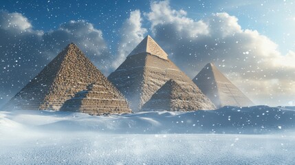 Snow-Covered Pyramids of Giza Under a Bright Sky with Snowflakes Falling and Cold Wind Blowing Across the Desert Landscape