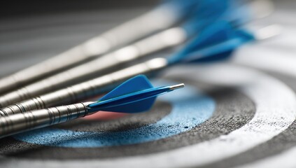 Arrows hit a target; one directly in the bullseye. Soft focus and close up. Gray, blue, and white. Silver tips and handles