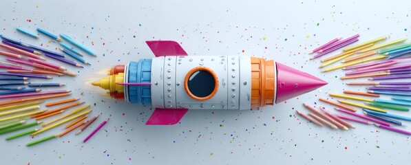 Colorful rocket ship, constructed from writing utensils, blasts off, leaving trails of vibrant pencils on a light gray speckled surface